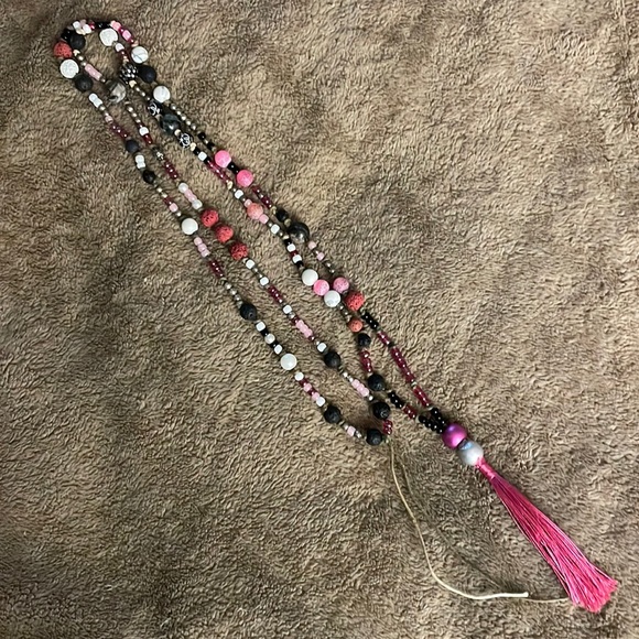 Handmade, Upcycled, Boho, Artisan, Long, Hemp Cord, Beaded, Tasseled Necklace - Picture 2 of 4